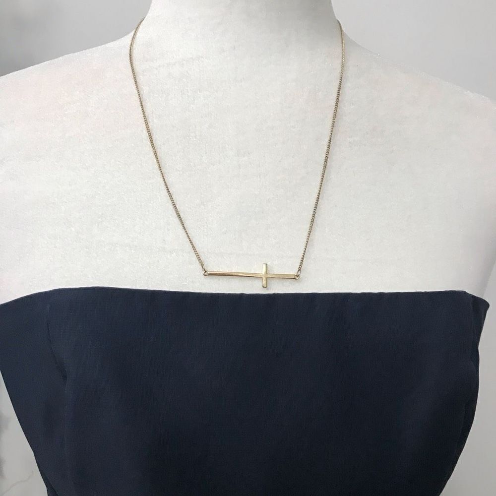 Sideways Horizontal Cross Necklace‎ Pendant Gold Colored